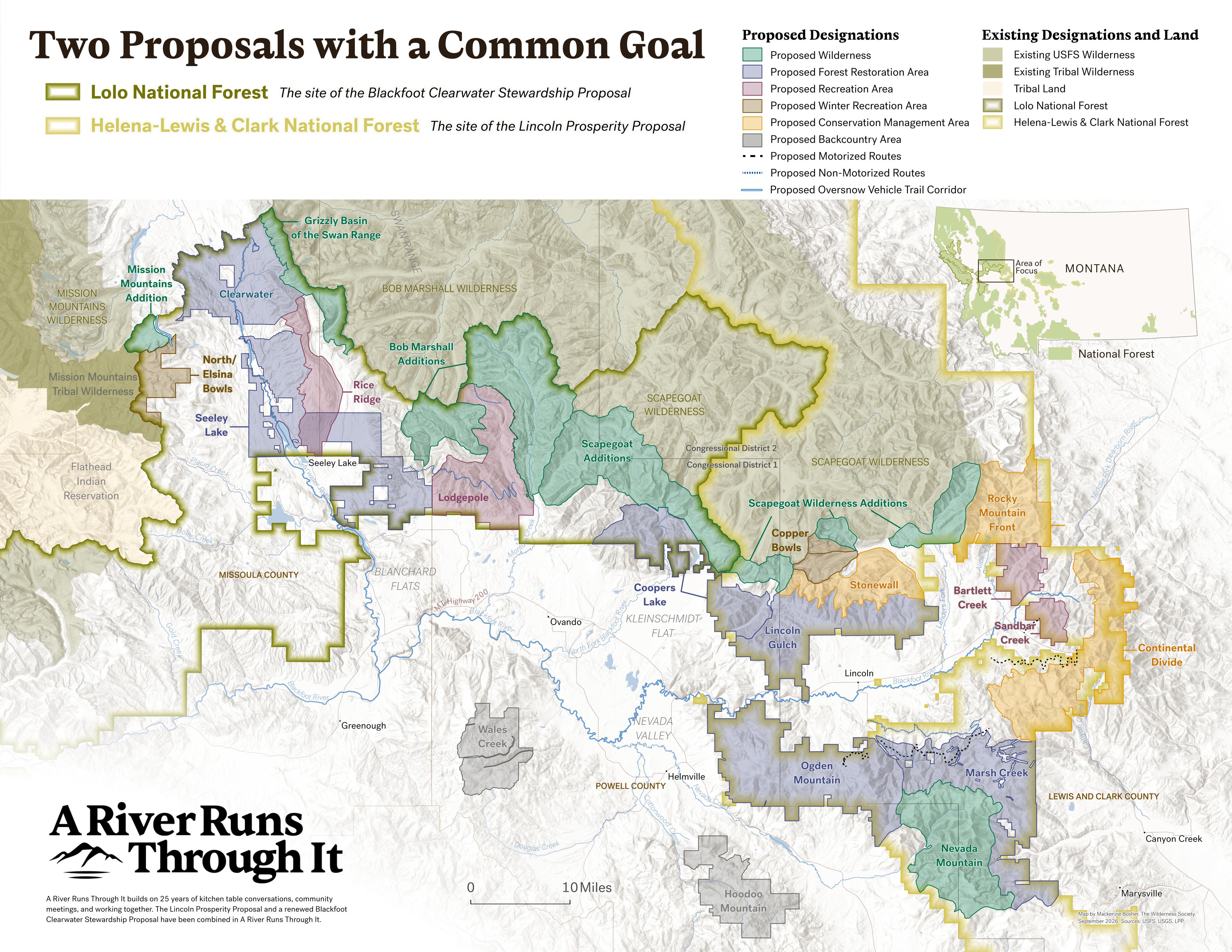Map titled Two Proposals with a Common Goal showing proposed land designations in western Montana