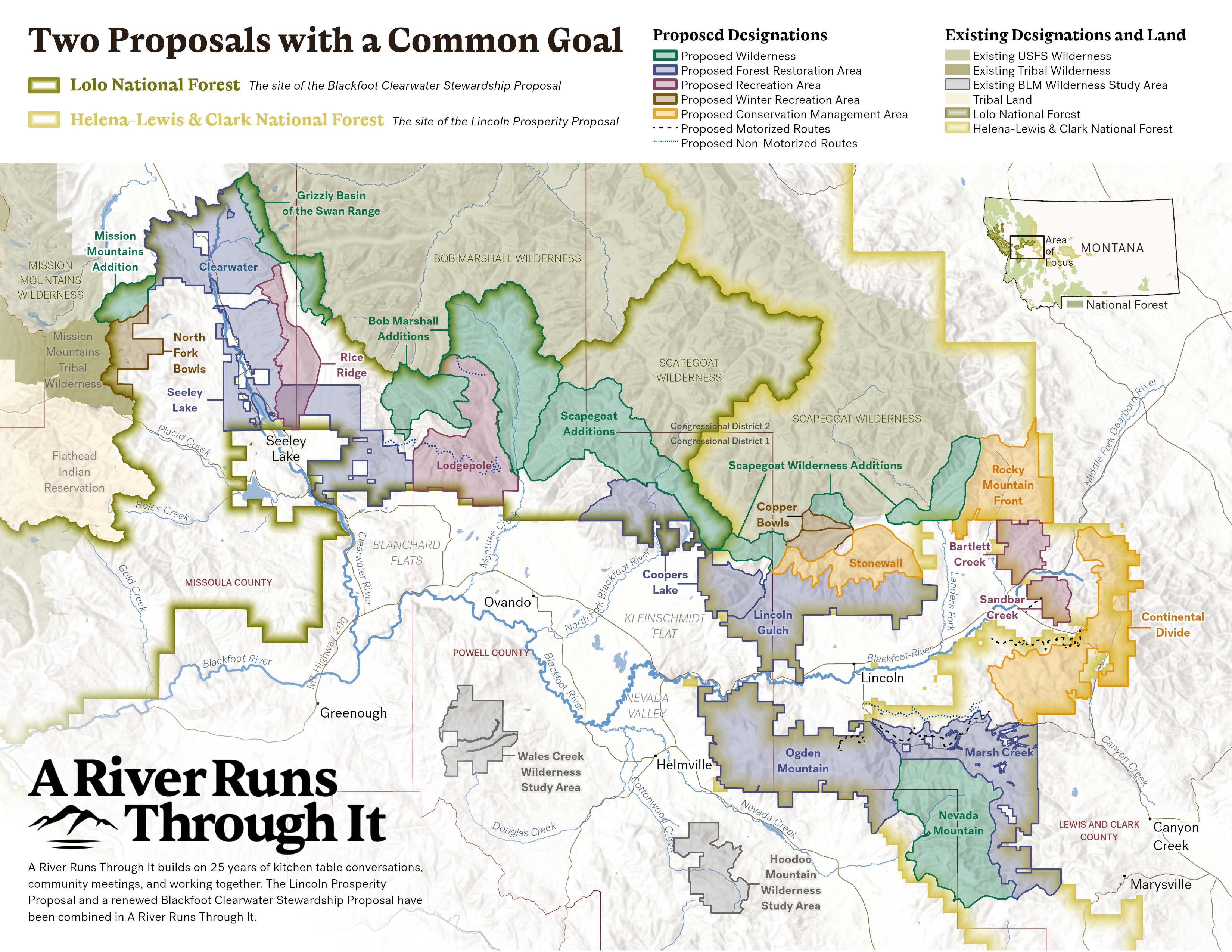 Map titled Two Proposals with a Common Goal showing proposed land designations in western Montana
