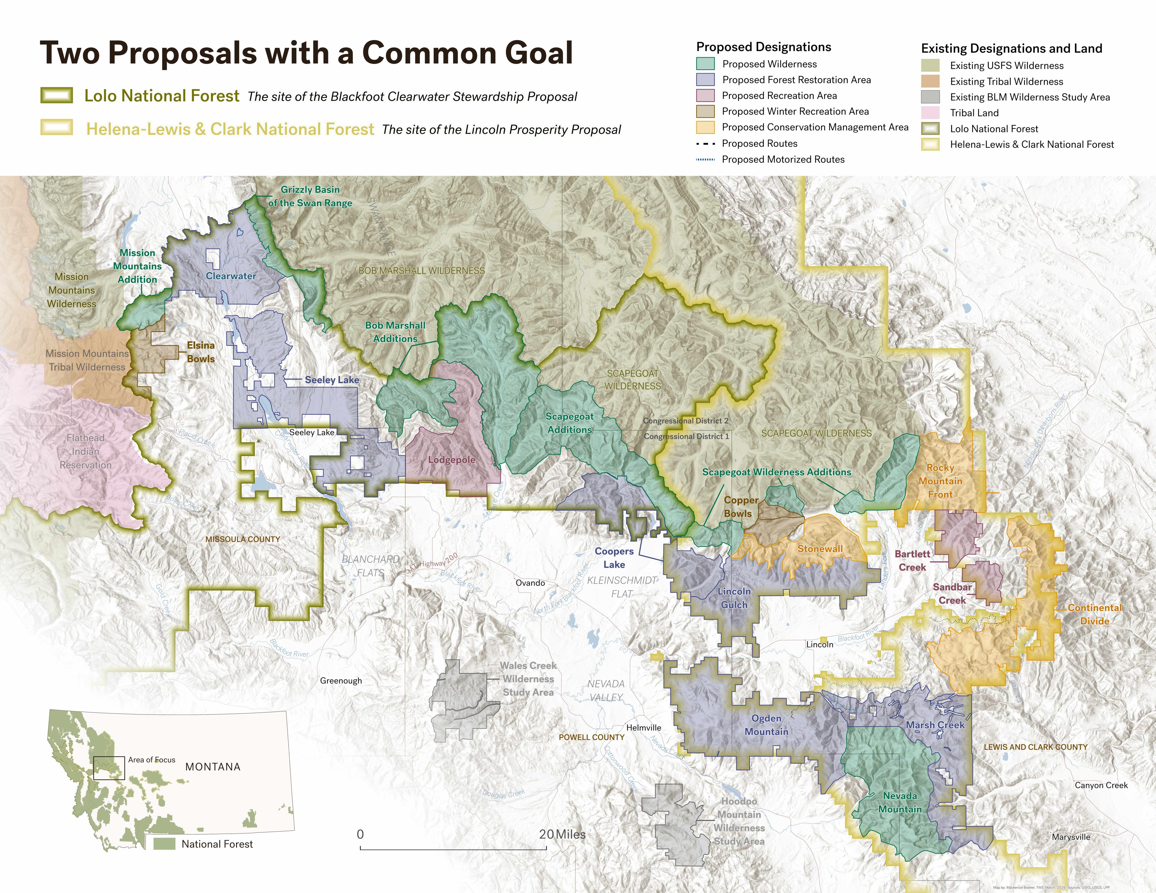 Map titled Two Proposals with a Common Goal showing proposed land designations in western Montana